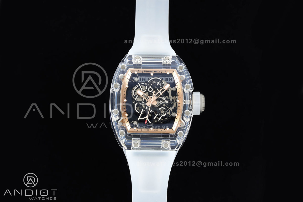 RM055 Crystal SONIC Best Edition Gold Inner Bezel Gray Crown on Transparent Rubber Strap RMUL2 Super Clone